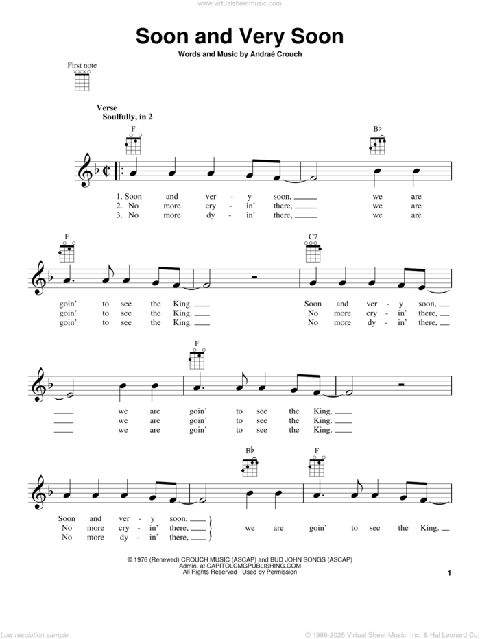 Soon And Very Soon sheet music for ukulele by Andrae Crouch and Andrae Crouch, intermediate skill level