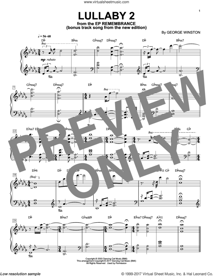 Lullaby 2 sheet music for piano solo by George Winston, intermediate skill level