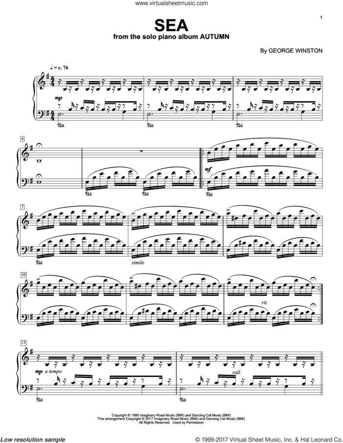 Sea, (intermediate) sheet music for piano solo by George Winston, intermediate skill level