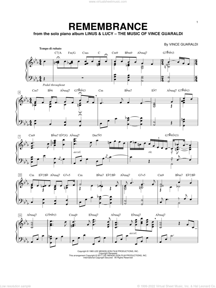 Remembrance (In Remembrance Of Me), (intermediate) sheet music for piano solo by George Winston and Vince Guaraldi, intermediate skill level