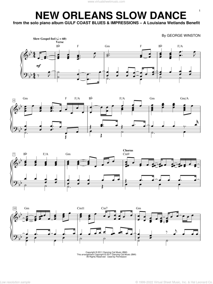 New Orleans Slow Dance sheet music for piano solo by George Winston, intermediate skill level