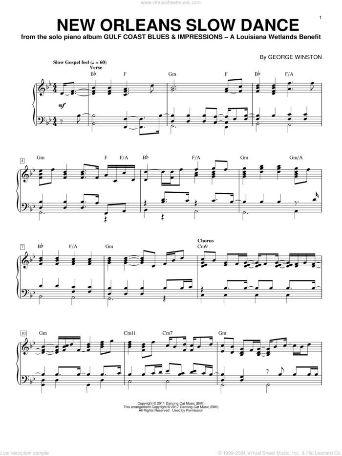 New Orleans Slow Dance sheet music for piano solo by George Winston, intermediate skill level