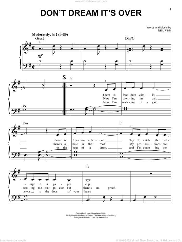 Don't Dream It's Over sheet music for piano solo by Crowded House and Neil Finn, beginner skill level
