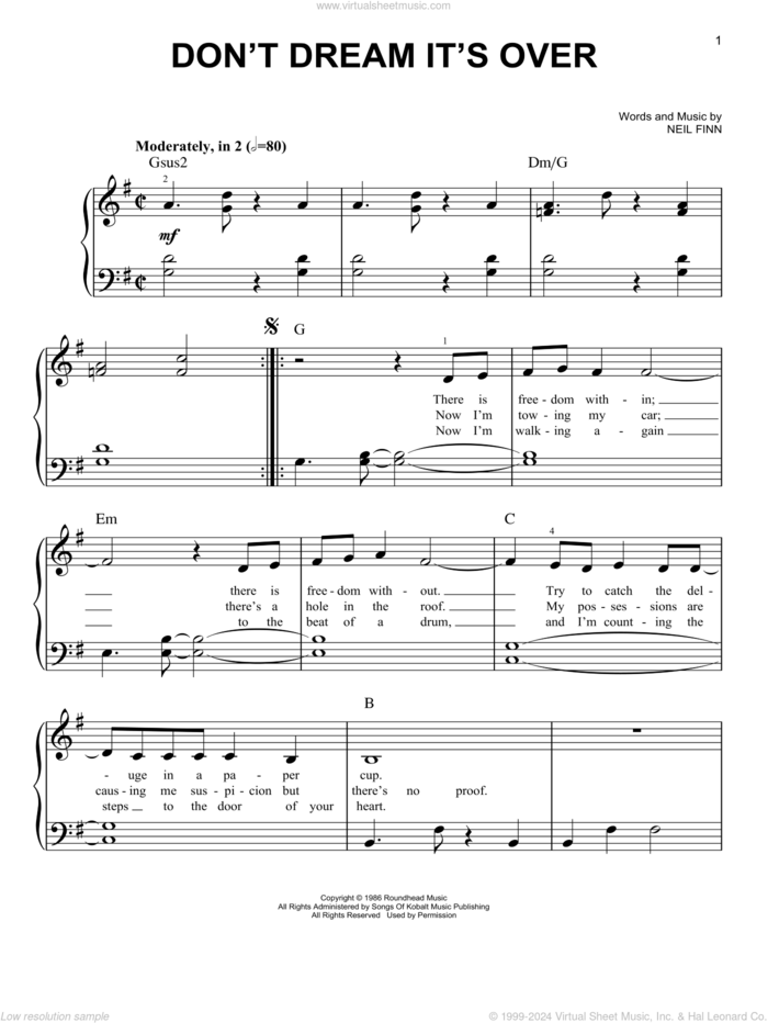 Don't Dream It's Over sheet music for piano solo by Crowded House and Neil Finn, beginner skill level