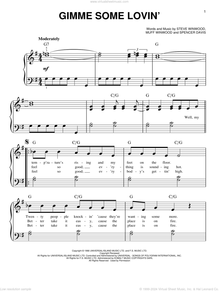 Gimme Some Lovin' sheet music for piano solo by The Spencer Davis Group, Muff Winwood, Spencer Davis and Steve Winwood, beginner skill level