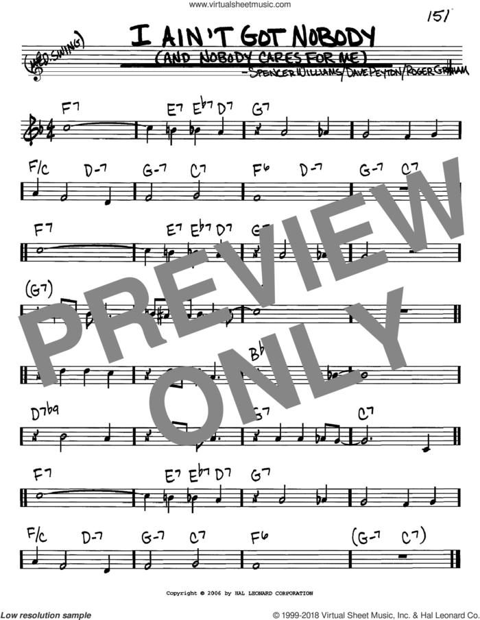 I Ain't Got Nobody (And Nobody Cares For Me) sheet music for voice and other instruments (in C) by Bessie Smith, Dave Peyton, Roger Graham and Spencer Williams, intermediate skill level
