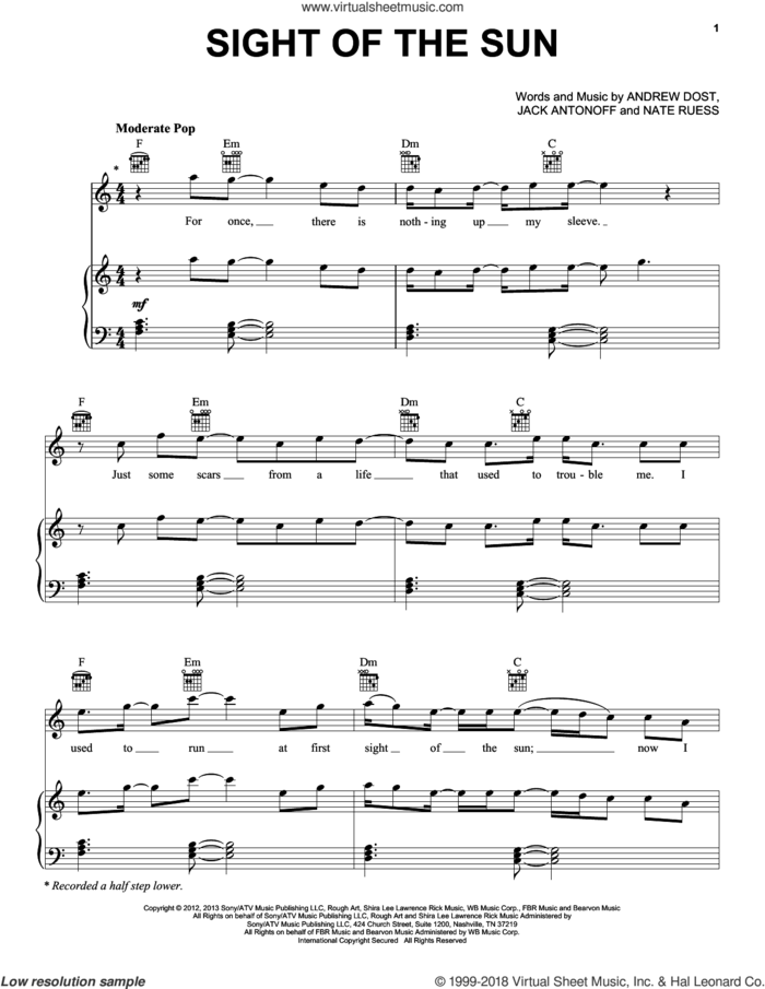 Sight Of The Sun sheet music for voice, piano or guitar by Fun, Andrew Dost, Jack Antonoff and Nathaniel Ruess, intermediate skill level