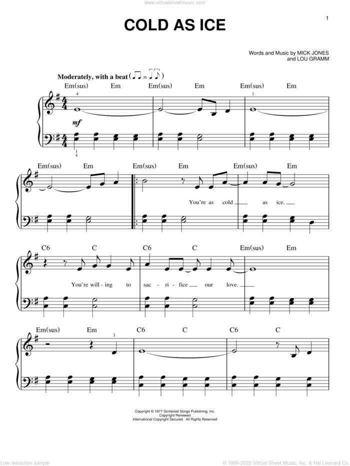 Cold As Ice sheet music for piano solo by Foreigner, Lou Gramm and Mick Jones, beginner skill level