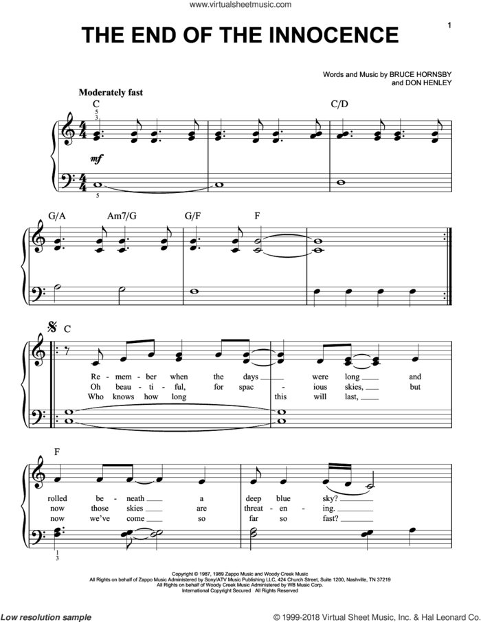 The End Of The Innocence sheet music for piano solo by Don Henley and Bruce Hornsby, beginner skill level