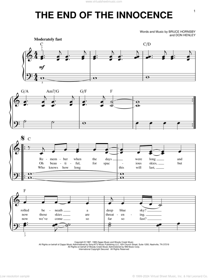 The End Of The Innocence sheet music for piano solo by Don Henley and Bruce Hornsby, beginner skill level