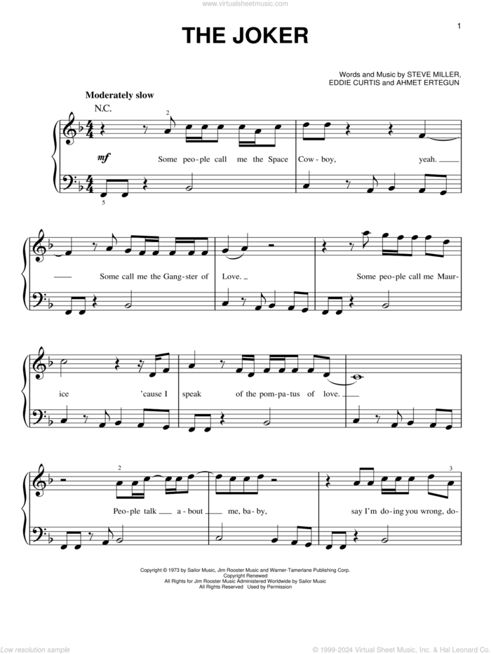 The Joker sheet music for piano solo by Steve Miller Band, Ahmet Ertegun and Eddie Curtis, beginner skill level