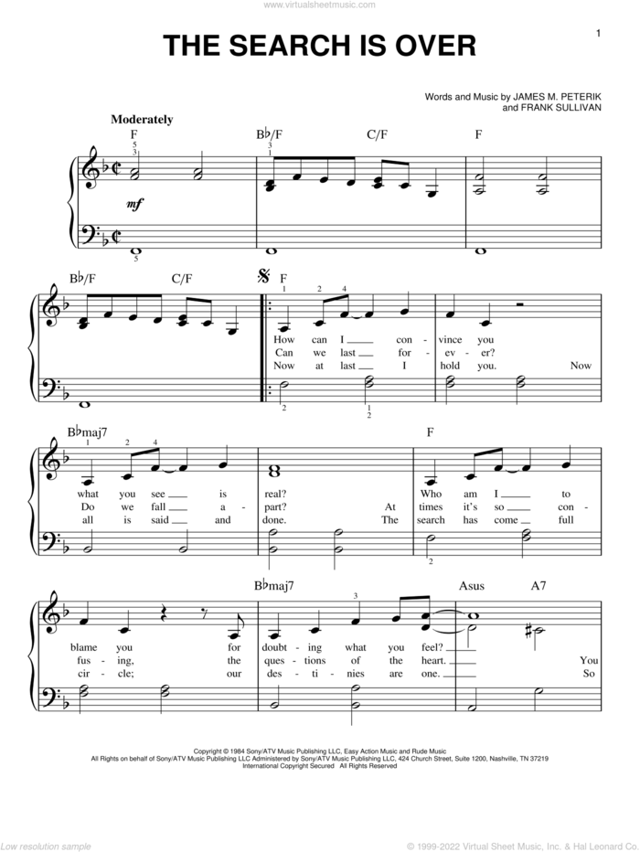 The Search Is Over sheet music for piano solo by Survivor, Frank Sullivan and Jim Peterik, beginner skill level