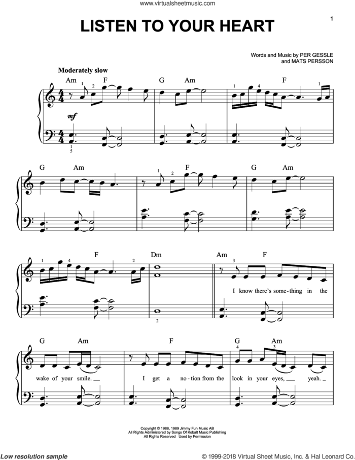 Listen To Your Heart sheet music for piano solo by Roxette, Mats Persson and Per Gessle, beginner skill level