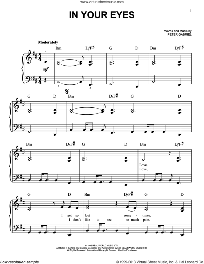 In Your Eyes, (beginner) sheet music for piano solo by Peter Gabriel, beginner skill level
