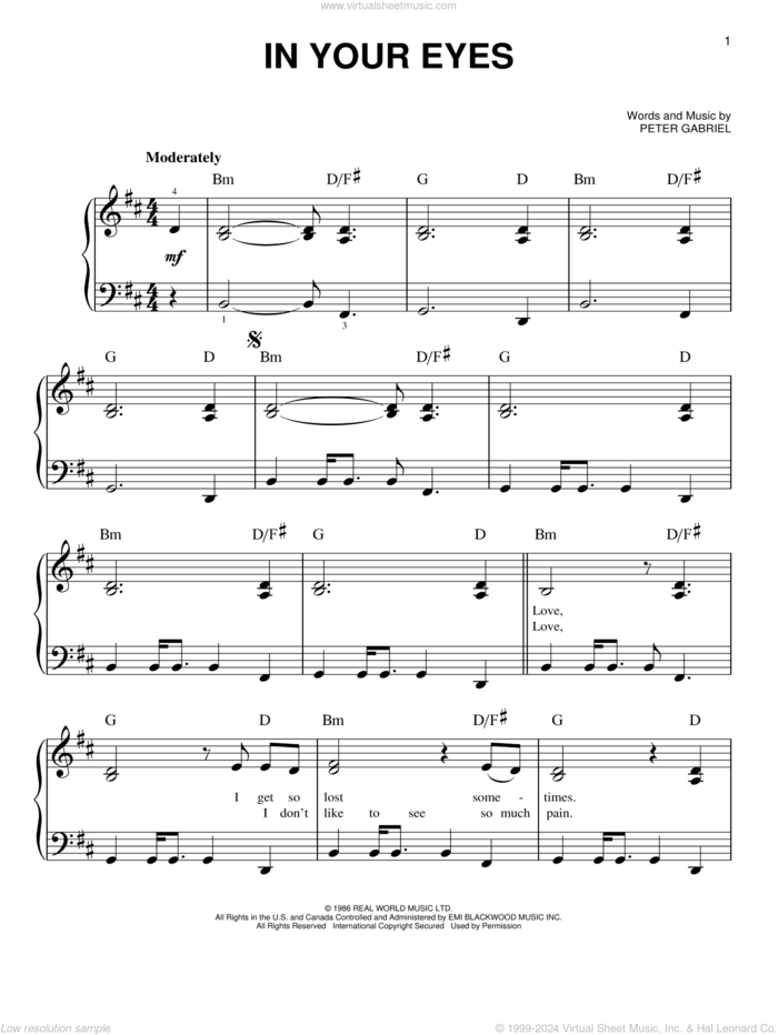 In Your Eyes, (beginner) sheet music for piano solo by Peter Gabriel, beginner skill level