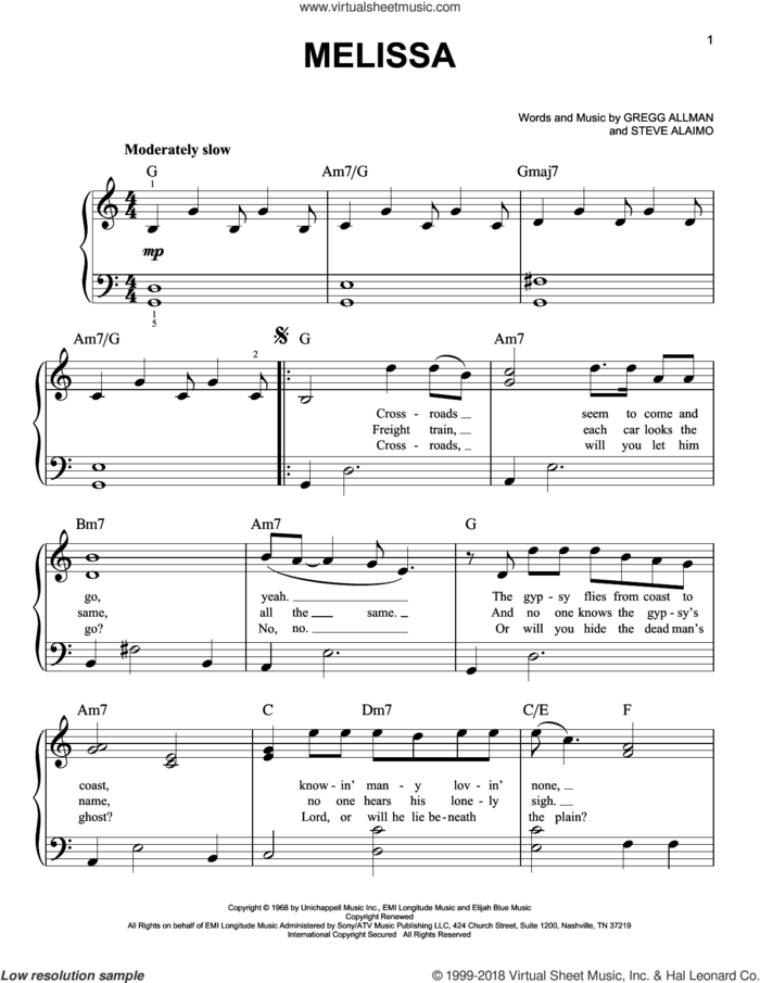 Melissa sheet music for piano solo by The Allman Brothers Band, Gregg Allman and Steve Alaimo, beginner skill level