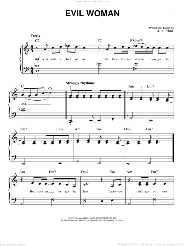 Evil Woman sheet music for piano solo by Electric Light Orchestra and Jeff Lynne, beginner skill level