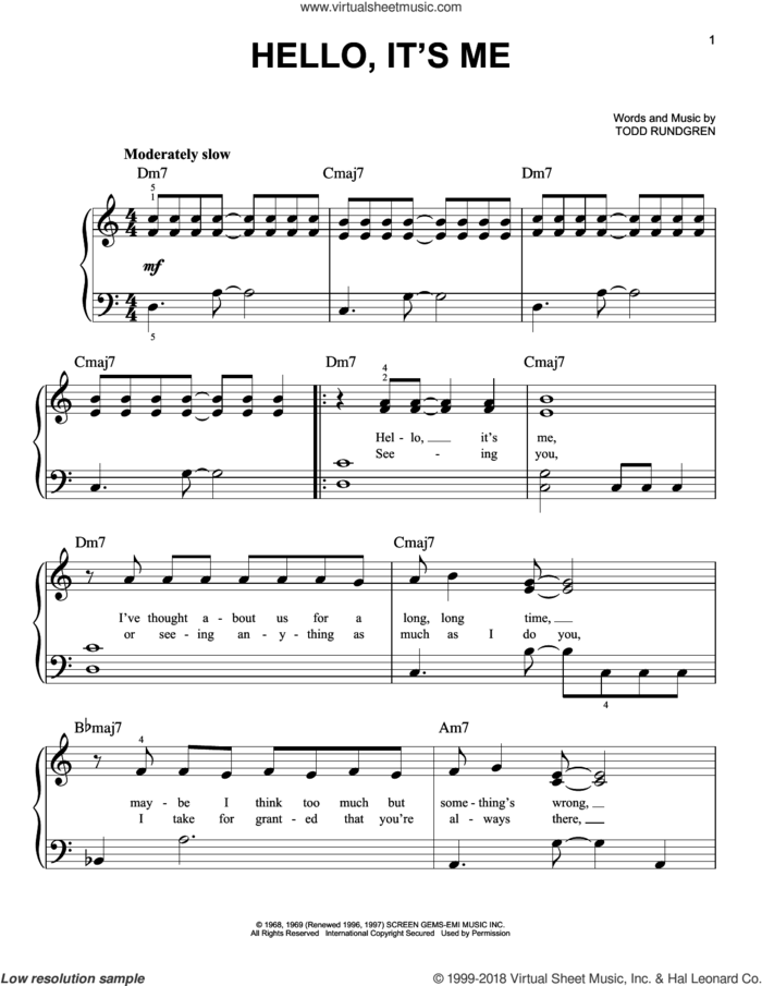 Hello, It's Me sheet music for piano solo by Todd Rundgren, beginner skill level