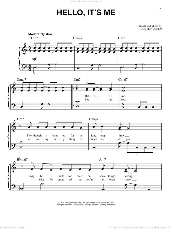 Hello, It's Me sheet music for piano solo by Todd Rundgren, beginner skill level