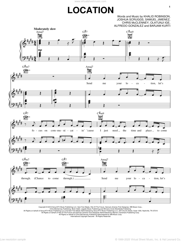 Location sheet music for voice, piano or guitar by Khalid, Alfredo Gonzalez, Barjam Kurti, Chris McClenney, Joshua Scruggs, Khalid Robinson, Olatunji Ige and Samuel Jimenez, intermediate skill level