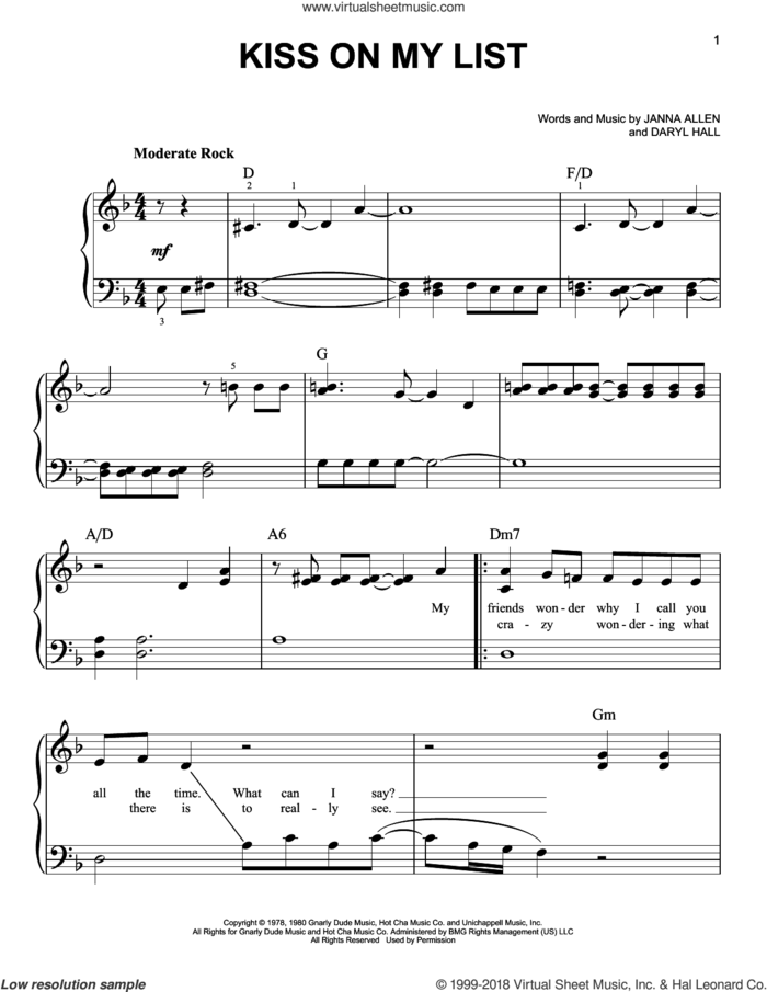 Kiss On My List sheet music for piano solo by Hall and Oates, Daryl Hall and Janna Allen, beginner skill level