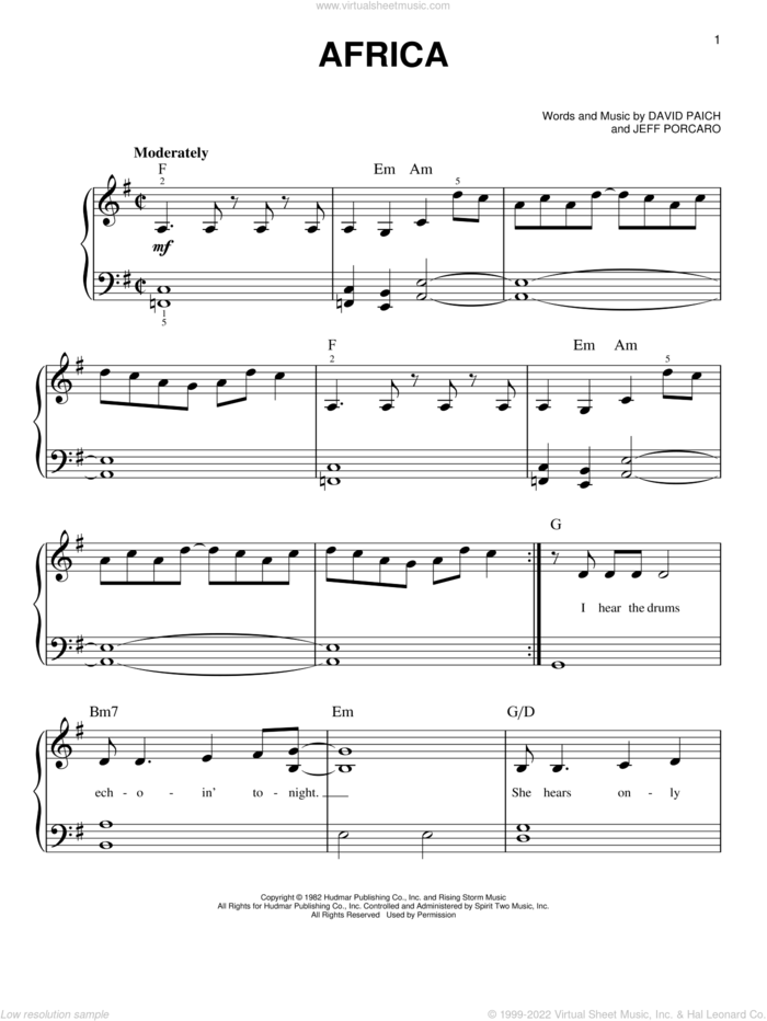 Toto - Africa sheet music for piano solo [PDF-interactive]