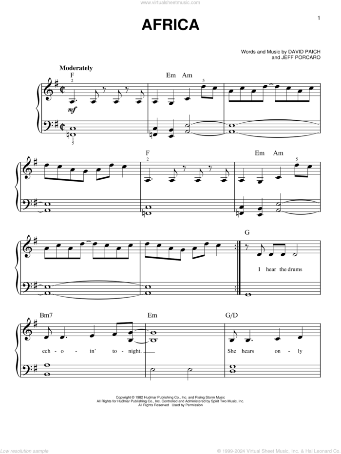 Africa sheet music for piano solo by Toto, David Paich and Jeff Porcaro, beginner skill level