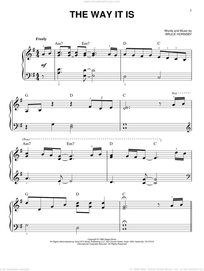 The Way It Is, (beginner) sheet music for piano solo by Bruce Hornsby & The Range and Bruce Hornsby, beginner skill level