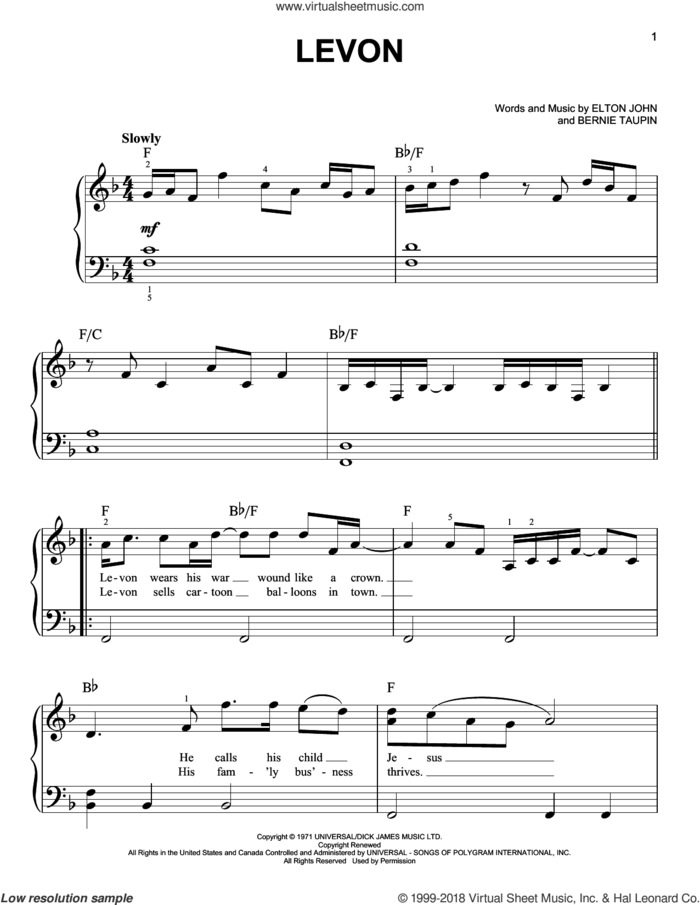 Levon sheet music for piano solo by Elton John and Bernie Taupin, beginner skill level