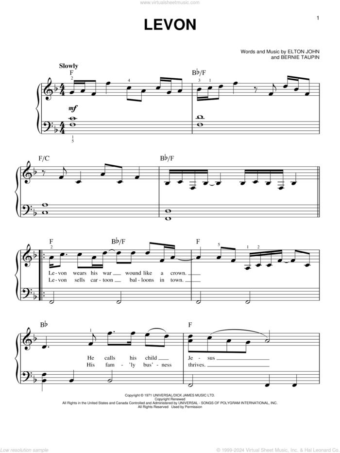 Levon sheet music for piano solo by Elton John and Bernie Taupin, beginner skill level