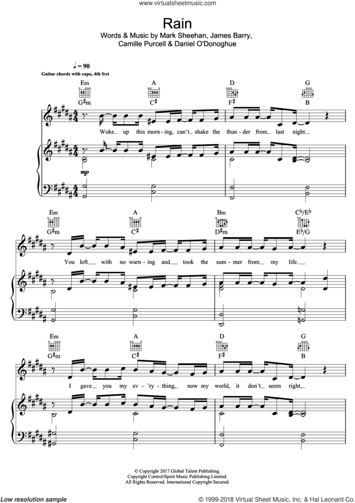 Rain sheet music for voice, piano or guitar by The Script, Camille Purcell, James Barry and Mark Sheehan, intermediate skill level