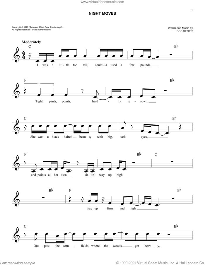Night Moves sheet music for voice and other instruments (fake book) by Bob Seger, easy skill level