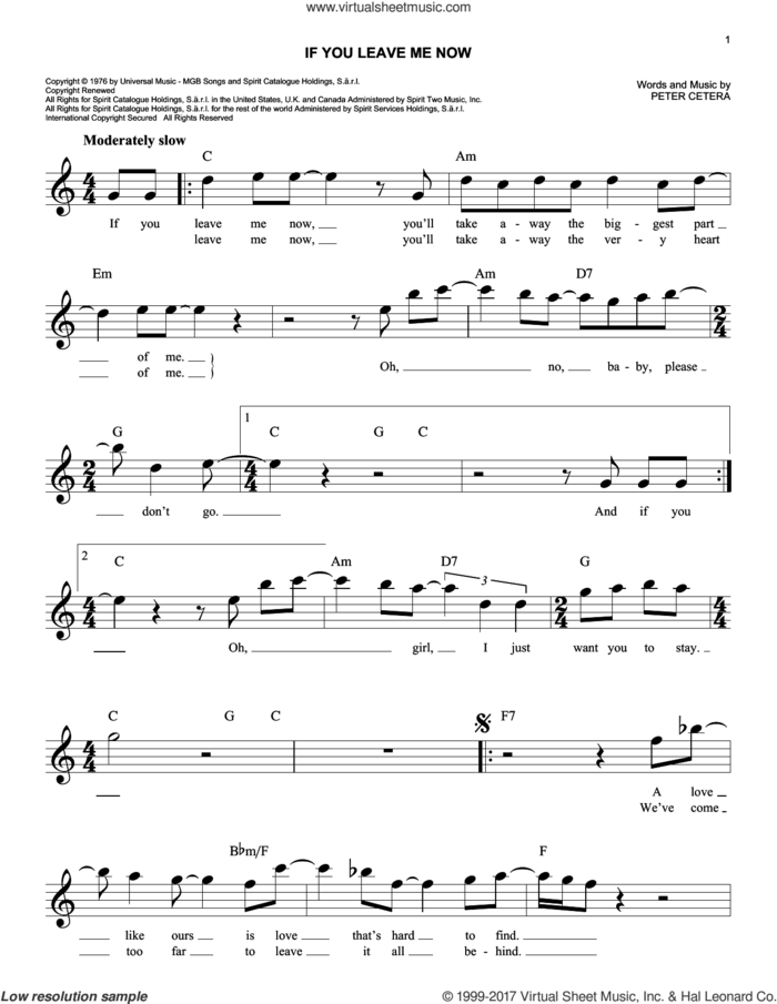If You Leave Me Now sheet music for voice and other instruments (fake book) by Chicago and Peter Cetera, easy skill level