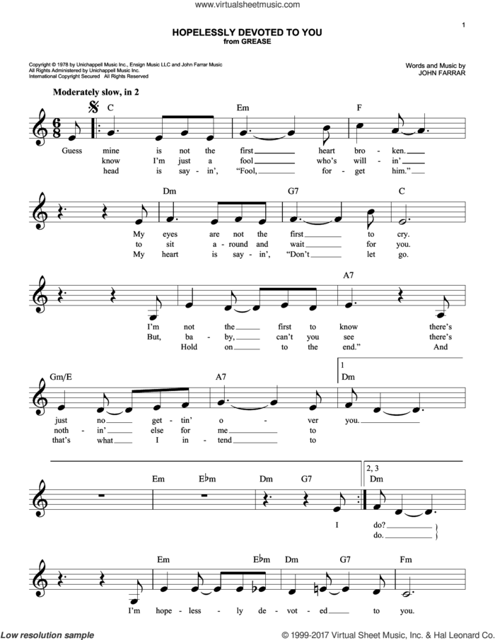 Hopelessly Devoted To You sheet music for voice and other instruments (fake book) by Olivia Newton-John and John Farrar, easy skill level