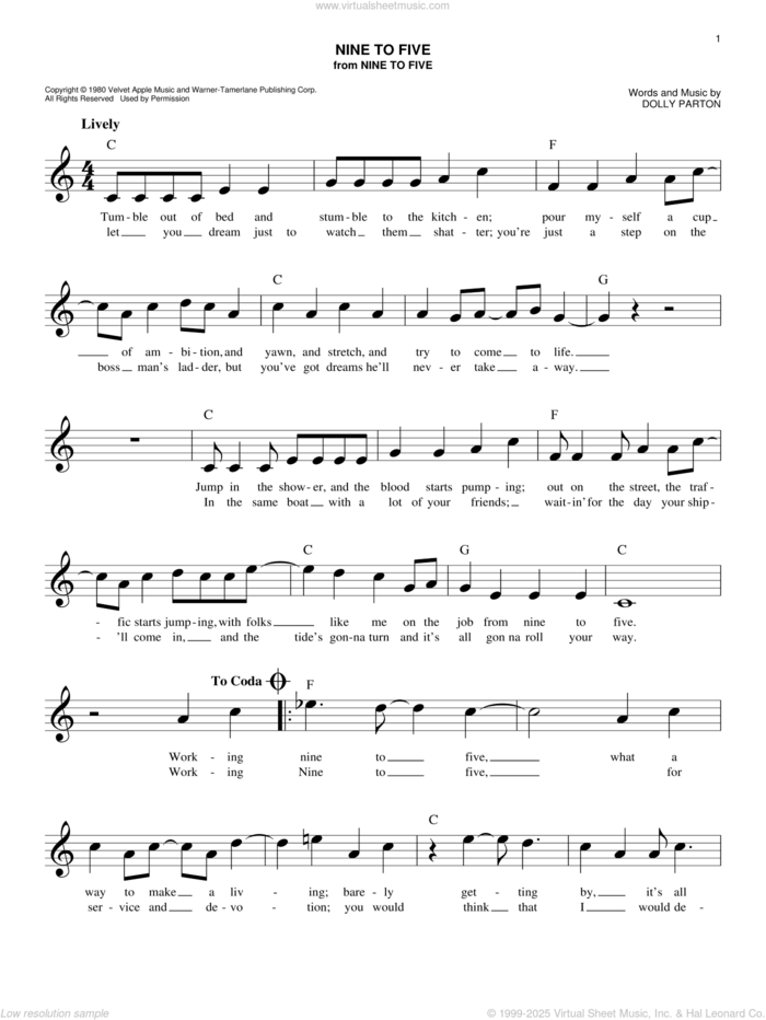 Nine To Five sheet music for voice and other instruments (fake book) by Dolly Parton, easy skill level