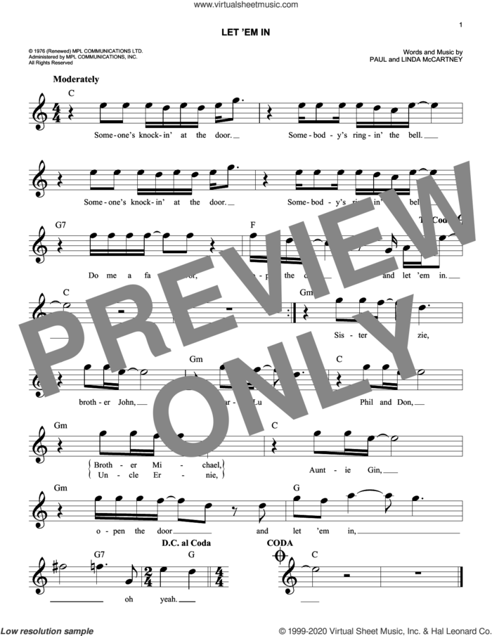 Let 'Em In sheet music for voice and other instruments (fake book) by Wings, Linda McCartney and Paul McCartney, easy skill level