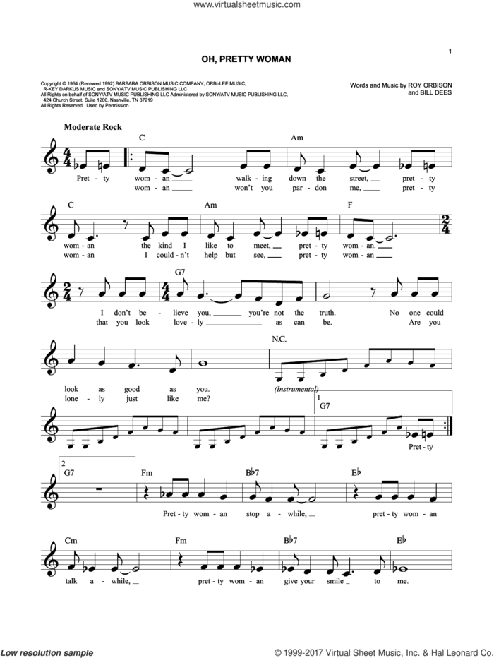Oh, Pretty Woman sheet music for voice and other instruments (fake book) by Roy Orbison and Bill Dees, intermediate skill level