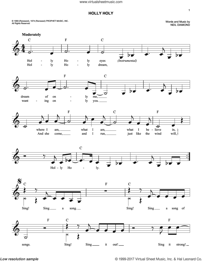 Holly Holy sheet music for voice and other instruments (fake book) by Neil Diamond, intermediate skill level
