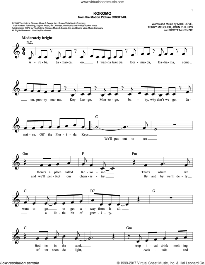 Kokomo sheet music for voice and other instruments (fake book) by The Beach Boys, John Phillips, Mike Love, Scott McKenzie and Terry Melcher, easy skill level