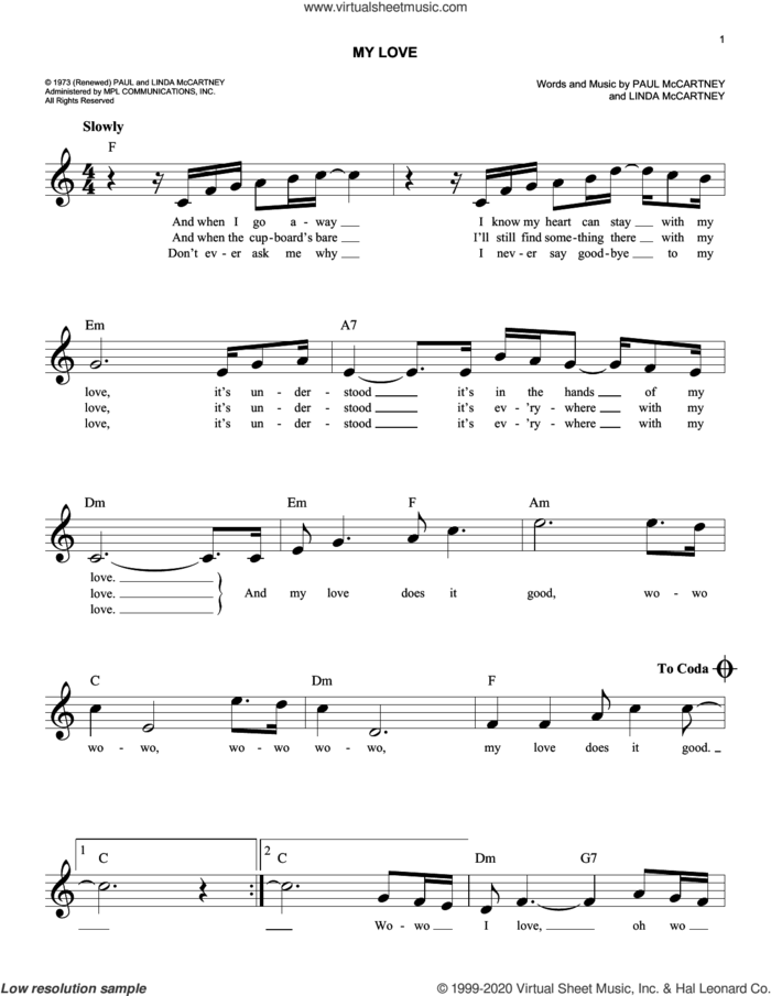 My Love sheet music for voice and other instruments (fake book) by Paul McCartney, Paul McCartney and Wings and Linda McCartney, easy skill level