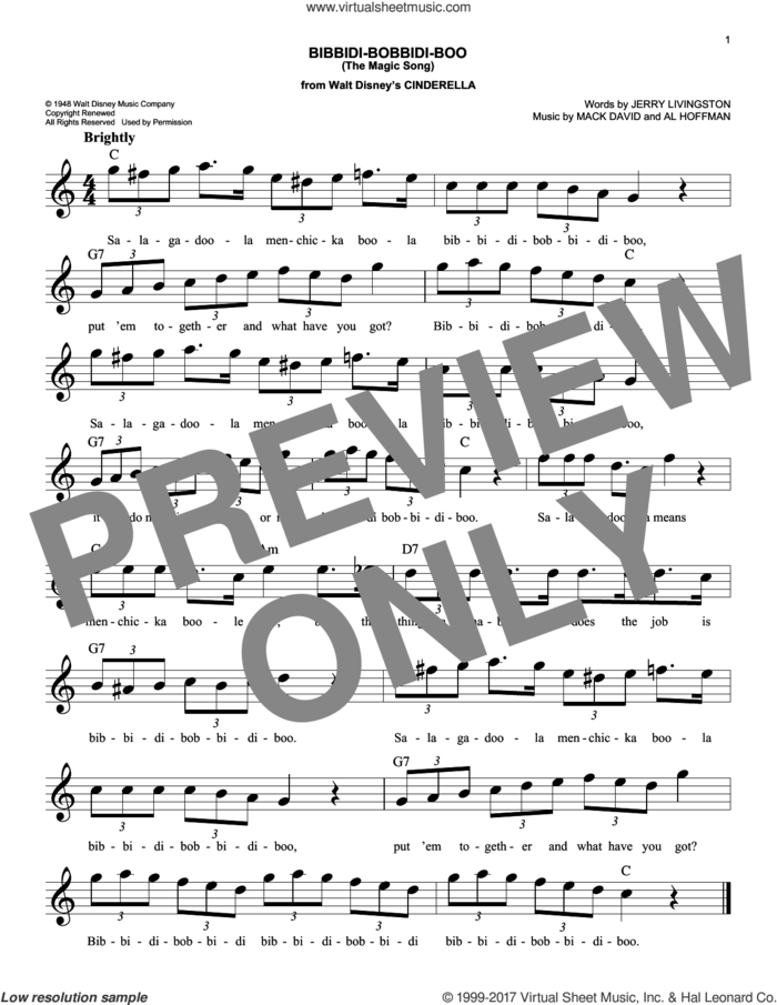 Bibbidi-Bobbidi-Boo (The Magic Song) (from Cinderella) sheet music for voice and other instruments (fake book) by Verna Felton, Al Hoffman, Jerry Livingston and Mack David, easy skill level