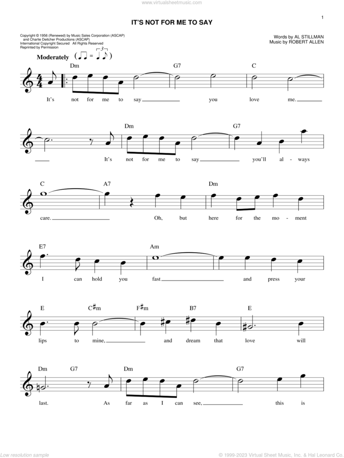 It's Not For Me To Say sheet music for voice and other instruments (fake book) by Johnny Mathis, Al Stillman and Robert Allen, intermediate skill level
