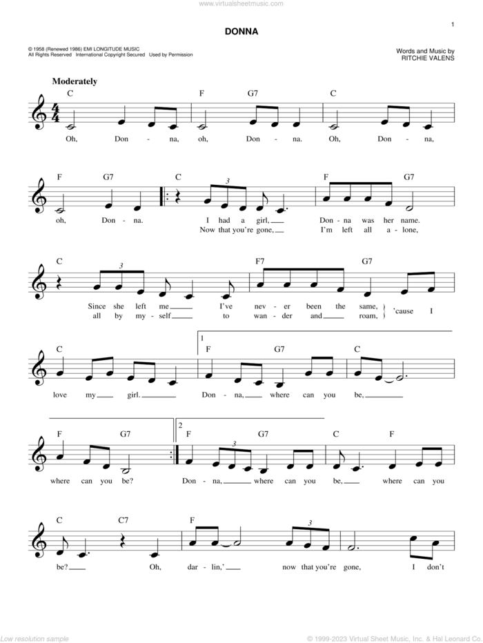 Donna sheet music for voice and other instruments (fake book) by Ritchie Valens, easy skill level