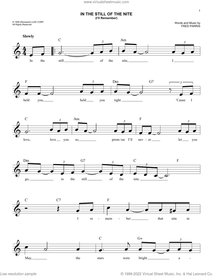 In The Still Of The Nite (I'll Remember) sheet music for voice and other instruments (fake book) by Fred Parris, Boyz II Men and Five Satins, easy skill level