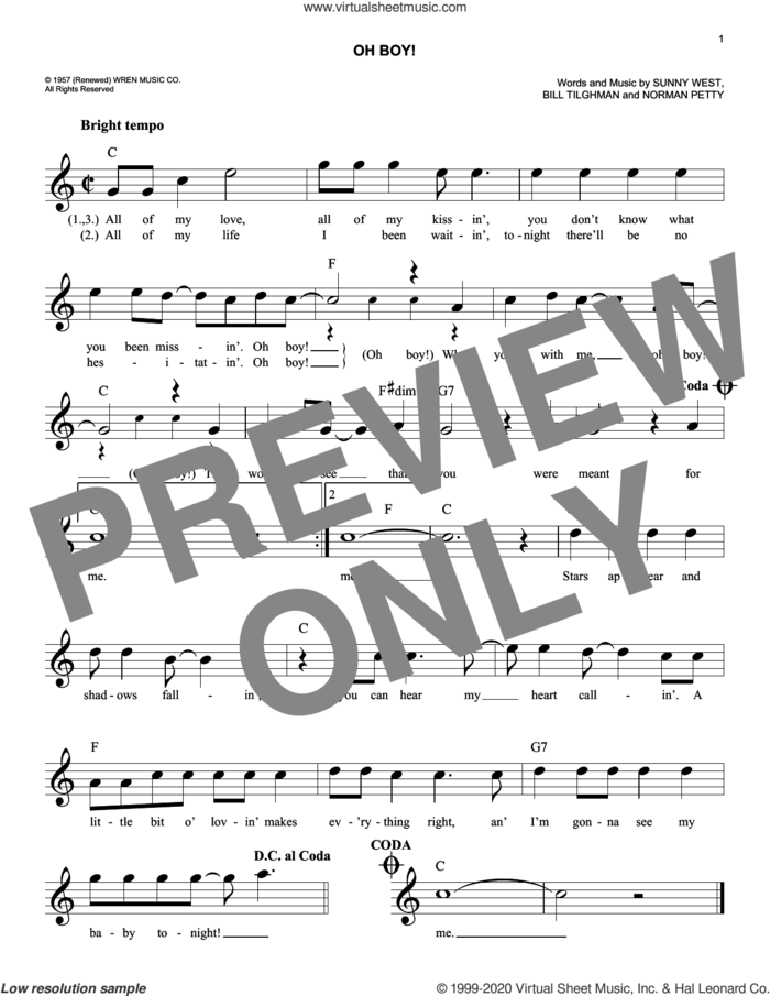 Oh Boy! sheet music for voice and other instruments (fake book) by The Crickets, Bill Tilghman, Norman Petty and Sunny West, easy skill level
