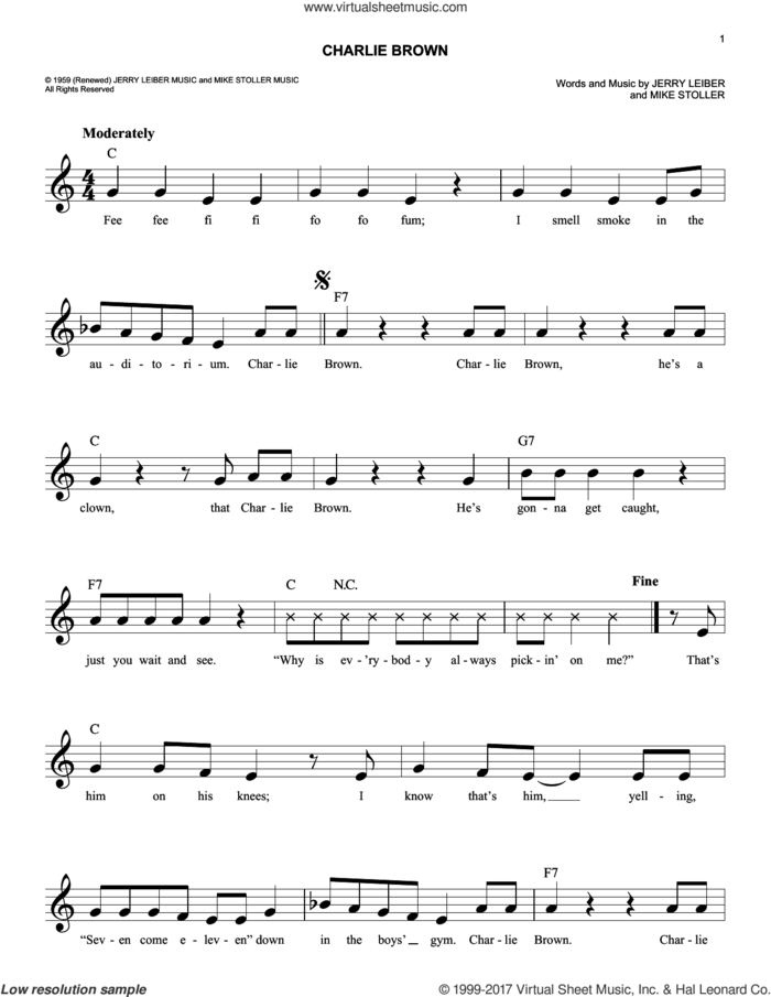 Charlie Brown sheet music for voice and other instruments (fake book) by The Coasters, Jerry Leiber and Mike Stoller, easy skill level
