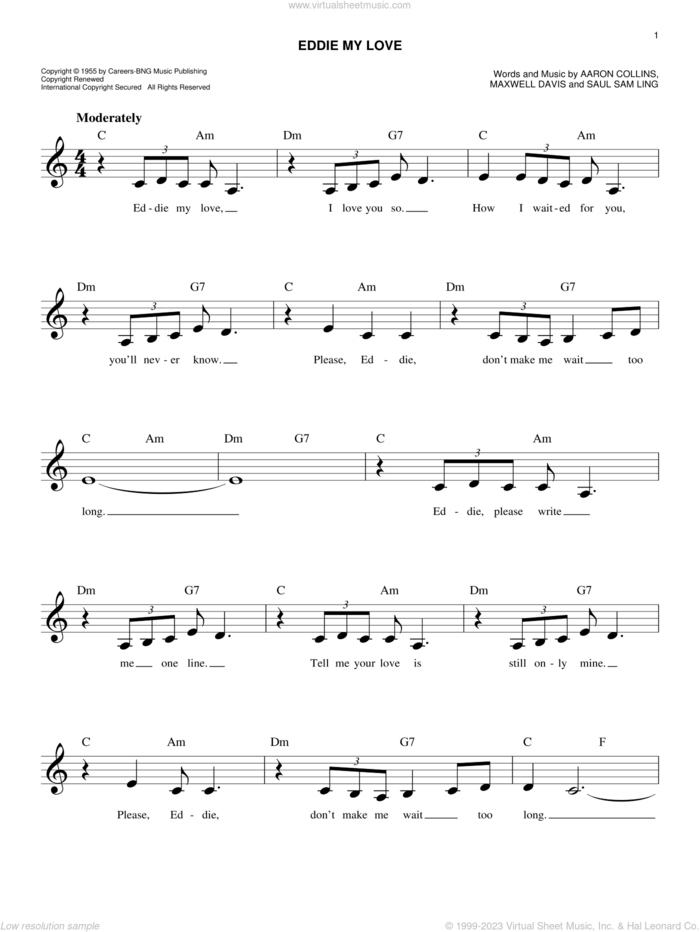 Eddie My Love sheet music for voice and other instruments (fake book) by The Chordettes, Aaron Collins, Maxwell Davis and Saul Sam Ling, easy skill level