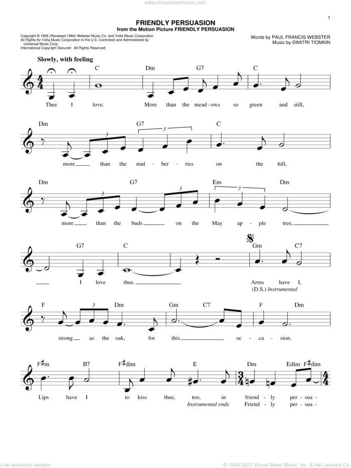 Friendly Persuasion sheet music for voice and other instruments (fake book) by Pat Boone, Dimitri Tiomkin and Paul Francis Webster, intermediate skill level