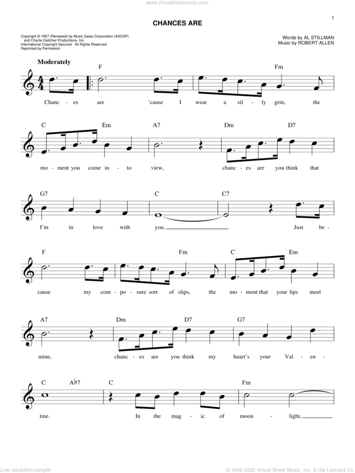 Chances Are sheet music for voice and other instruments (fake book) by Johnny Mathis, Al Stillman and Robert Allen, easy skill level