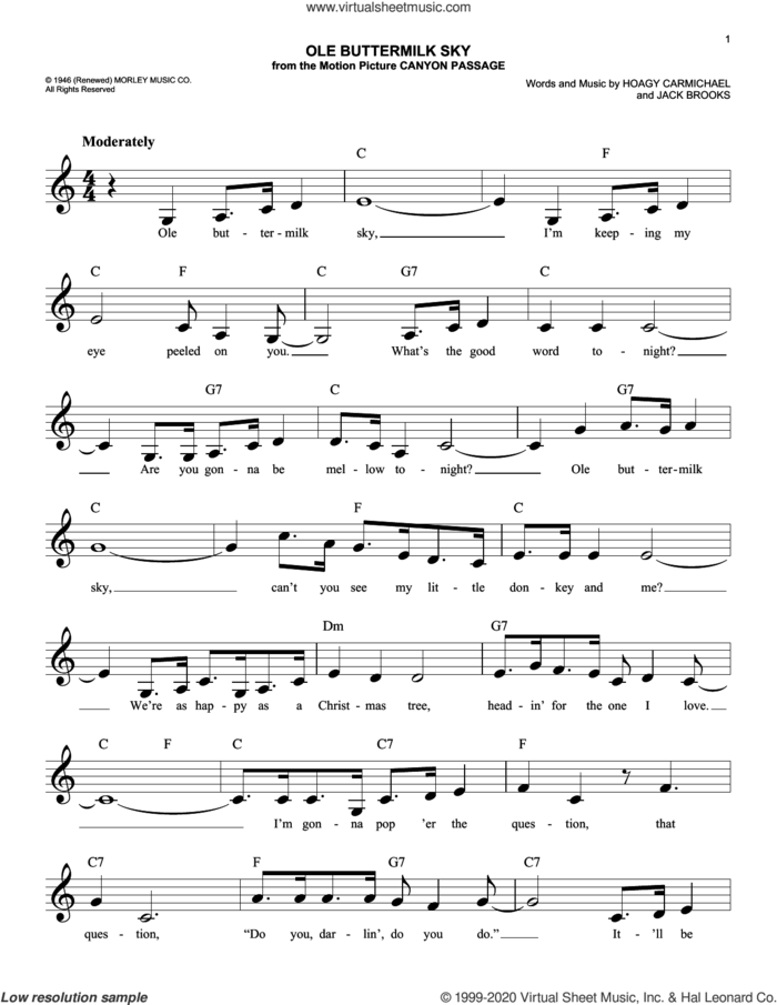 Ole Buttermilk Sky sheet music for voice and other instruments (fake book) by Hoagy Carmichael and Jack Brooks, intermediate skill level